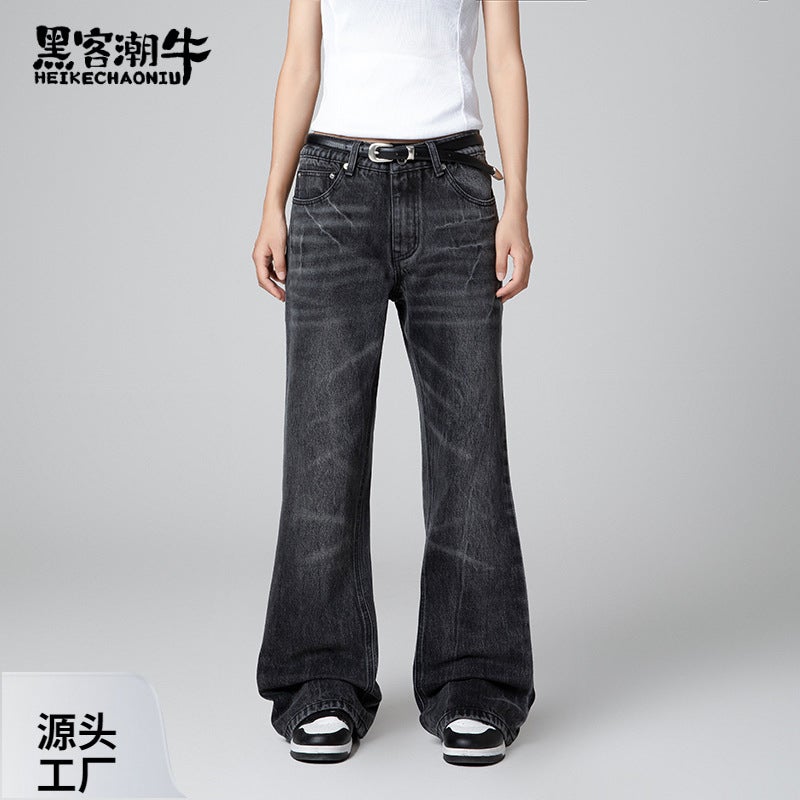 Men'S And Women'S American Style Retro Lightning Pattern Heavy Industry Washed Loose Slimming Straight Tube Micro-Lazar Jeans - Image 2