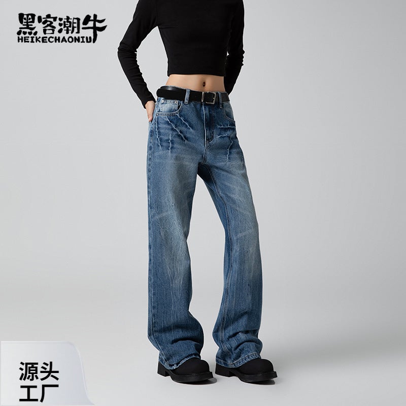 Men'S And Women'S American Style Retro Lightning Pattern Heavy Industry Washed Loose Slimming Straight Tube Micro-Lazar Jeans - Image 4