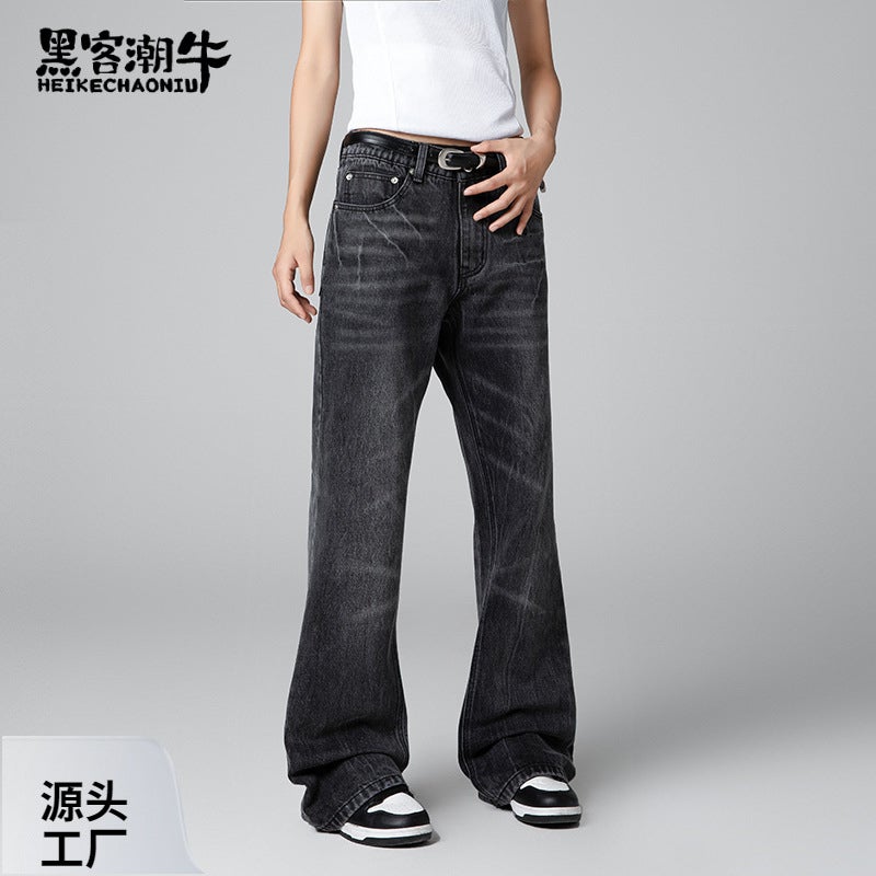 Men'S And Women'S American Style Retro Lightning Pattern Heavy Industry Washed Loose Slimming Straight Tube Micro-Lazar Jeans - Image 3