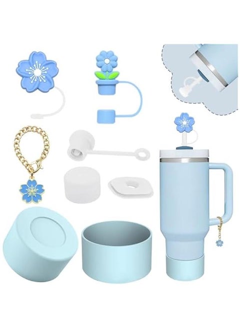 Stanley Cup Accessories Set,Including 2 Pcs 0.4in Straw Cover, 1 Silicone Spill-Proof Stopper Set of 3, 1 Cute Flower Handle Charm, 1 Silicone Boot Fits Stanley 40&30 Oz Tumbler (Blue)
