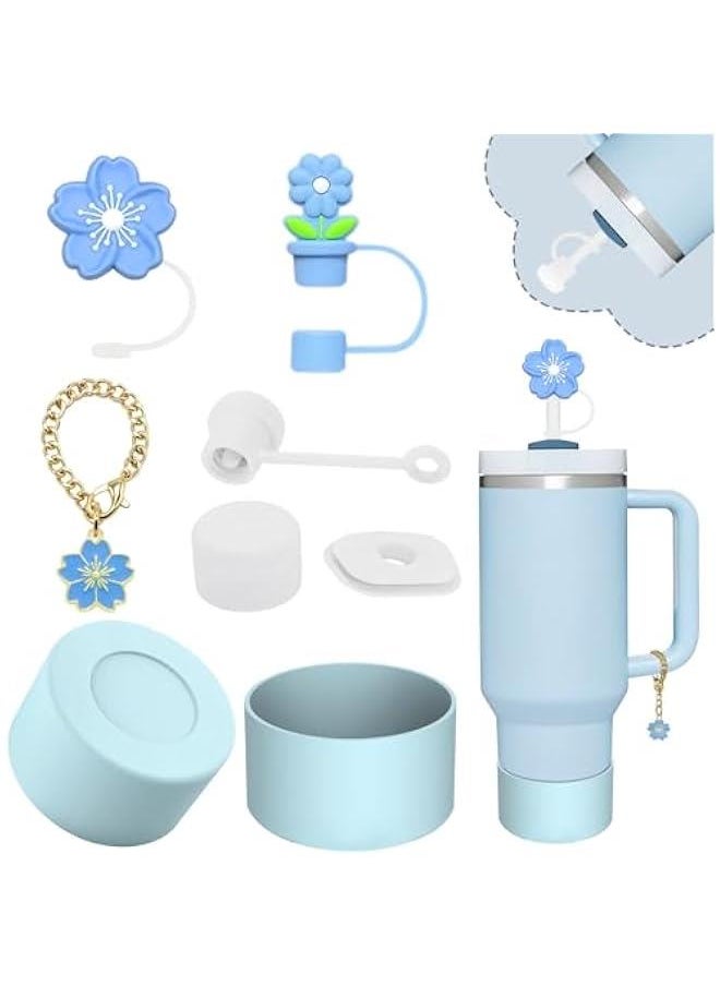 RTYY Stanley Cup Accessories Set,Including 2 Pcs 0.4in Straw Cover, 1 Silicone Spill-Proof Stopper Set of 3, 1 Cute Flower Handle Charm, 1 Silicone Boot Fits Stanley 40&30 Oz Tumbler (Blue)  - Image 1