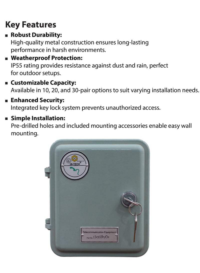 Hi-Tech Wall-Mounted Telephone Distribution Box, Metal, Key Lock, Waterproof IP55, 10/20/30 Pairs, Outdoor-Compatible.  - Image 3