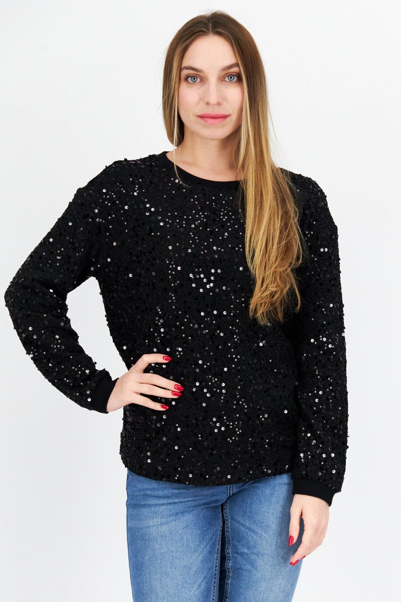 COMMA Women Round Neck Long Sleeves Textured Top, Black - Image 1