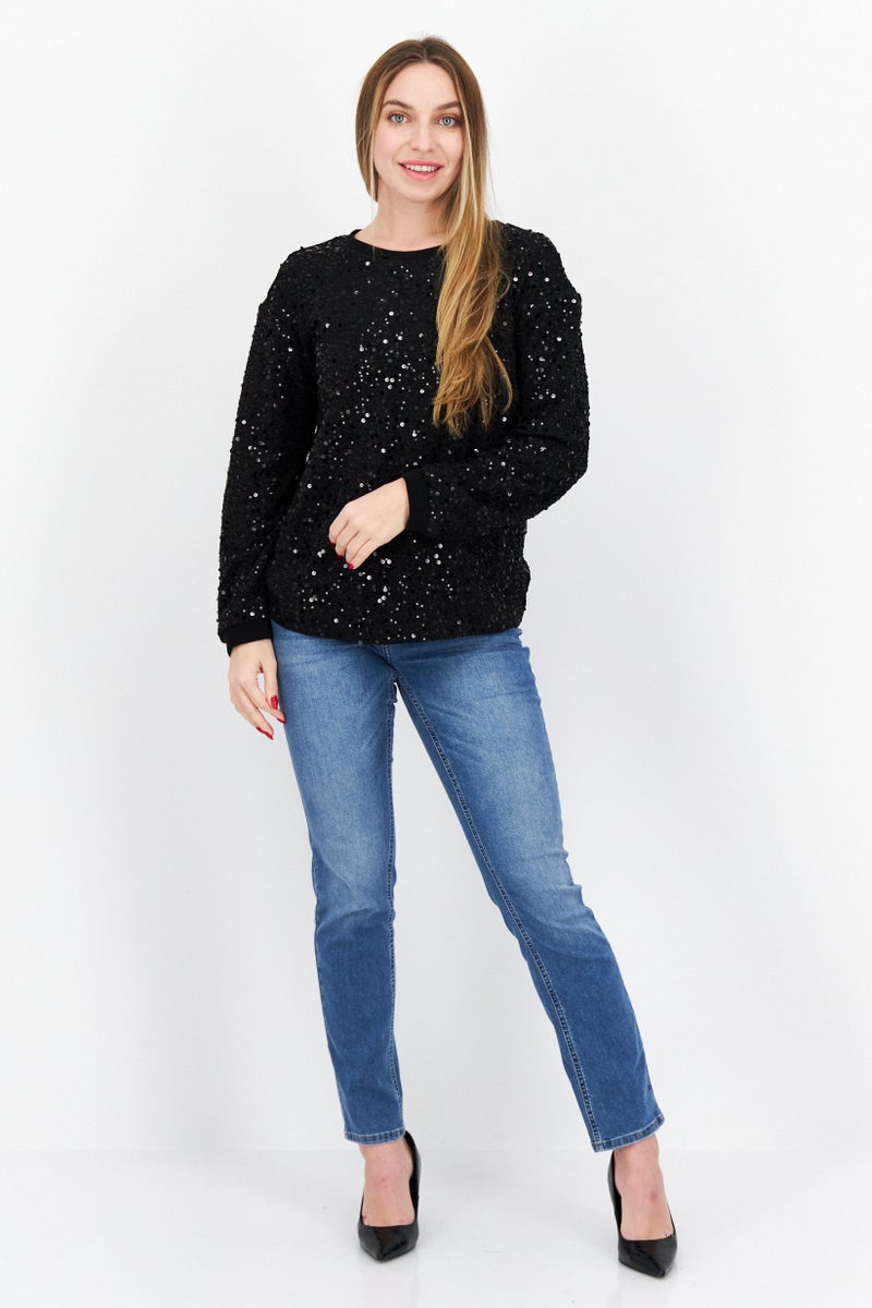 COMMA Women Round Neck Long Sleeves Textured Top, Black - Image 3