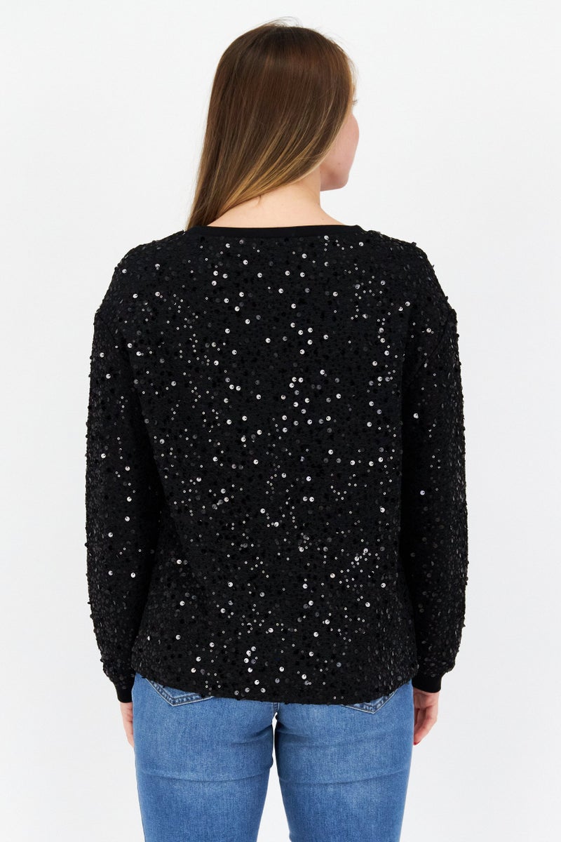 COMMA Women Round Neck Long Sleeves Textured Top, Black - Image 4