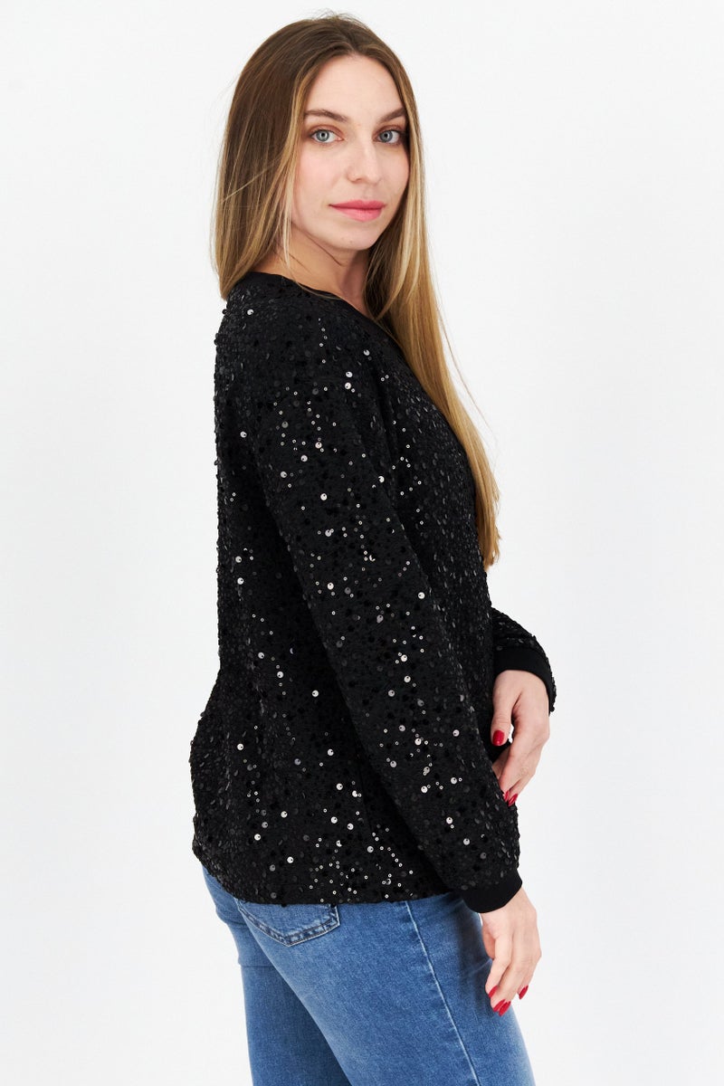 COMMA Women Round Neck Long Sleeves Textured Top, Black - Image 2