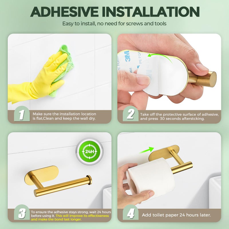 JOY DECOR 1 Pack Adhesive Toilet Roll Holder Stand - Gold SUS304 Stainless Steel  Rustproof Toilet Paper Holder No Drilling Tissue Holder for Kitchen Bathroom Wall Mount Bathroom Tissue Holder - Image 5