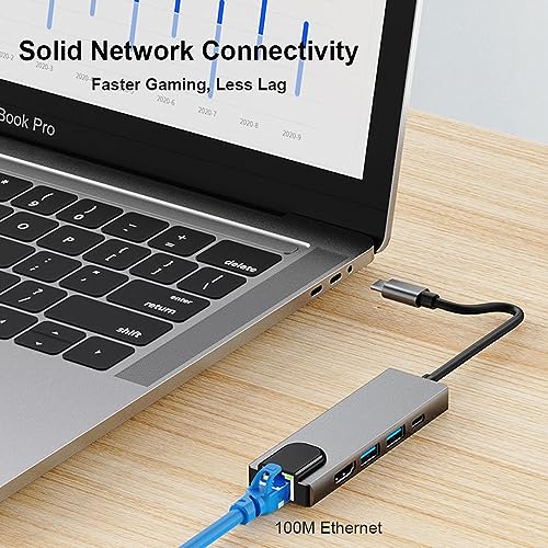 QCEs USB C Hub Multiport Adapter, 5-in-1 USB C to Ethernet HDMI Hub with HDMI Ethernet Port, USB3.0/2.0 Port, PD Charging Compatible with MacBook Pro/Air, iPad Pro, iPhone 16/15, iMac, XPS - Image 4