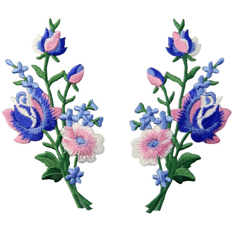 Flowers Bouquet Boho Patch Embroidered Floral Applique Iron On Sew On Rose Emblem Set of 2 Pcs