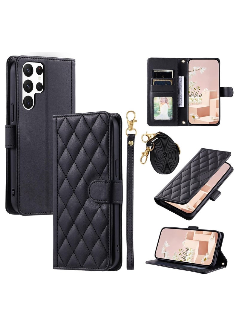 General Case for Samsung Galaxy S24 Ultra Wallet Case with Credit Card Holder, Soft PU Leather Magnetic Wrist Shoulder Strap, PU Leather Phone Case Shockproof Cover Women  - Image 1