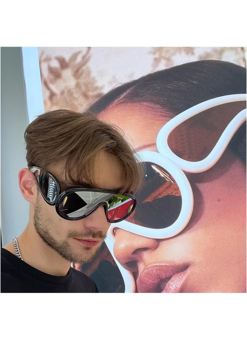 Luckam Fashion Wave Mask Sunglasses, Trendy Oversized One Piece Round Sunglasses, Women Men Fashion Smooth Frame Wave Mask Shades, Big Siamese Lenses, Luxury Designer Y2K Punk Shades - Image 3