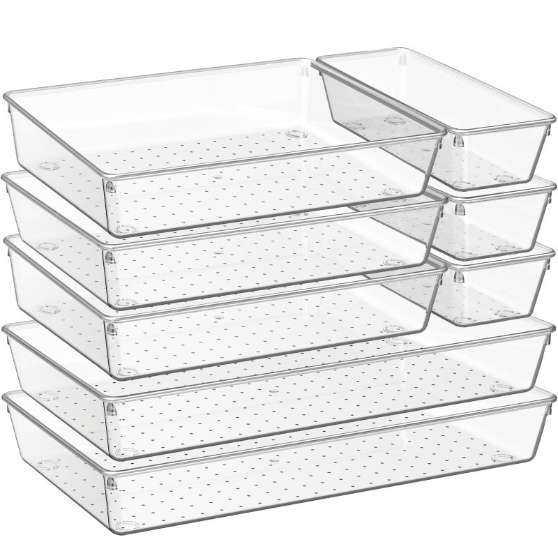 Criusia 8 Pack Drawer Organizer for Kitchen Gadgets, Large Clear Plastic Drawer Divider for Kitchen Accessories, Bathroom Organizers and Storage, Home Essentials for Makeup and Vanity Accessories - Image 1