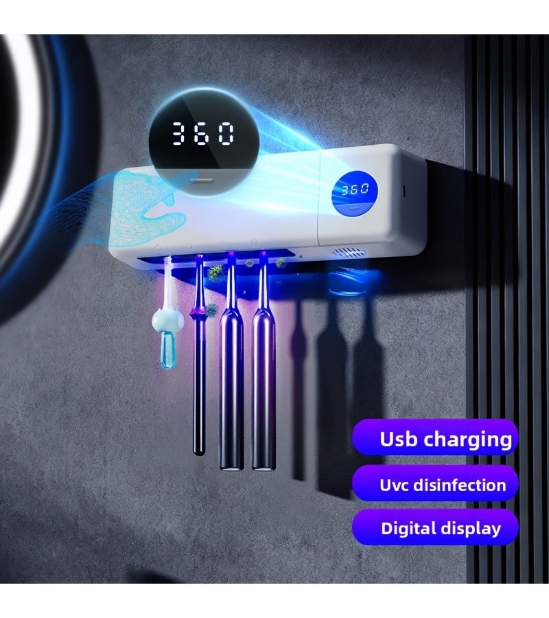 White Toothbrush Sterilizer Rack With Smart Display and Rechargeable Battery - Image 1