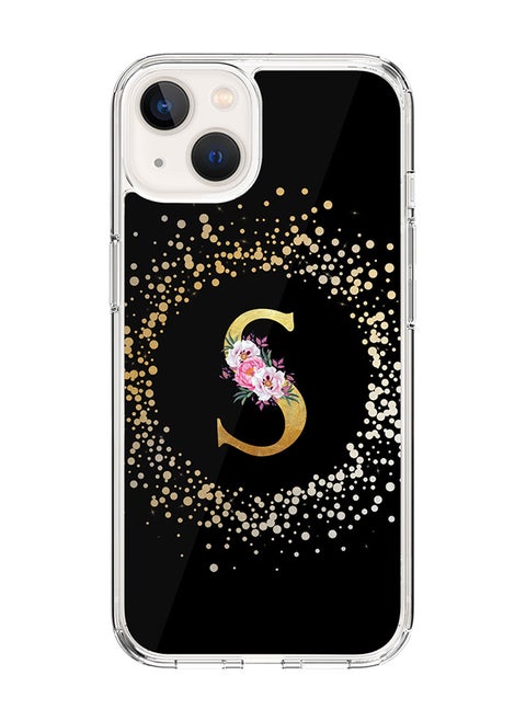 Classic Clear Case For iPhone 15, Hybrid Soft Case Flexible Edges Thin Cover- Custom Monogram Initial Letter Floral Pattern Alphabet - S (Black)