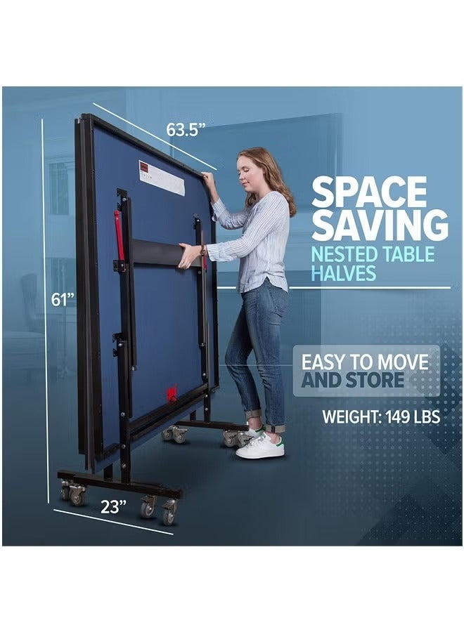 Denzoz Professional Foldable Table Tennis Tables，Tennis Table with Quick Clamp Ping Pong Net and Post Set - 10 Minute Easy Assembly - Ping Pong Table with Single Player Playback Mode - Image 3