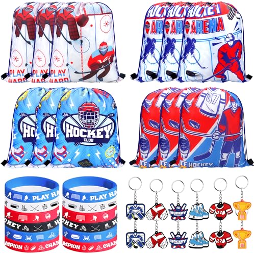 LSJDEER 36 PCS Hockey Party Favors Set Include 12 Drawstring Bag 12 Silicone Bracelet 12 Motivational Keychain for Ice Hockey Sports Party Birthday Gift Supplies - Image 1