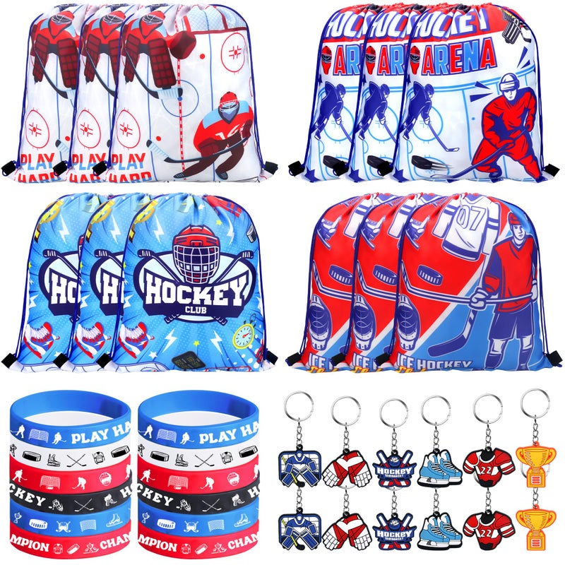 LSJDEER 36 PCS Hockey Party Favors Set Include 12 Drawstring Bag 12 Silicone Bracelet 12 Motivational Keychain for Ice Hockey Sports Party Birthday Gift Supplies - Image 3