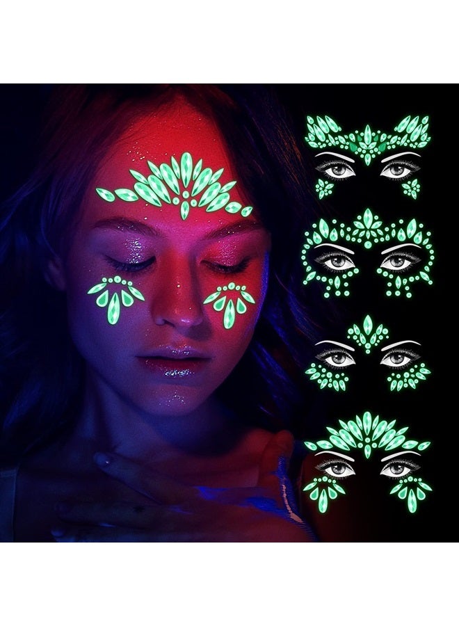 VERONNI 4 Pack Glows Face Gems Jewels, Temporary Rhinestone Stickers, Face Tattoos Glow in the Dark, Crystals Body Gems Stick on Face for Carnival Festival, Party, Outfit, Performance (C) - Image 1