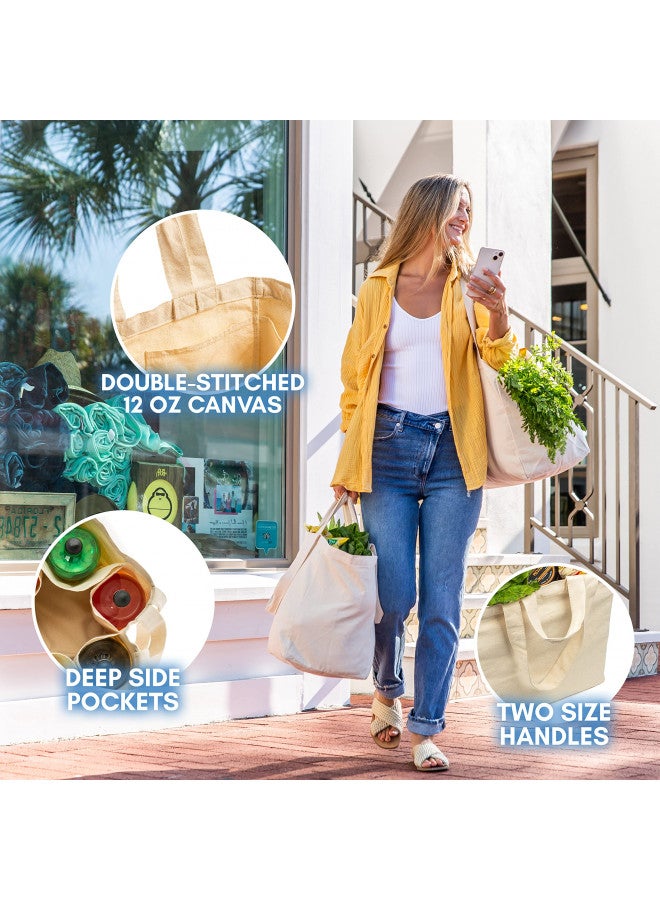 VeraMia 3pc Canvas Grocery Bags with Pockets, Shoulder Straps - Foldable, Washable Heavy Duty Tote - Image 3