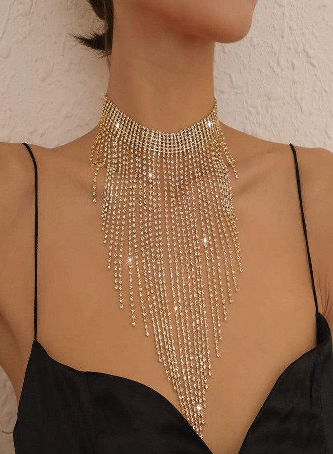 Aomcisi Fashion Women Sexy Rhinestone Bib Choker Necklace Tassel Long Chain Necklace, Metal, Rhinestone - Image 2