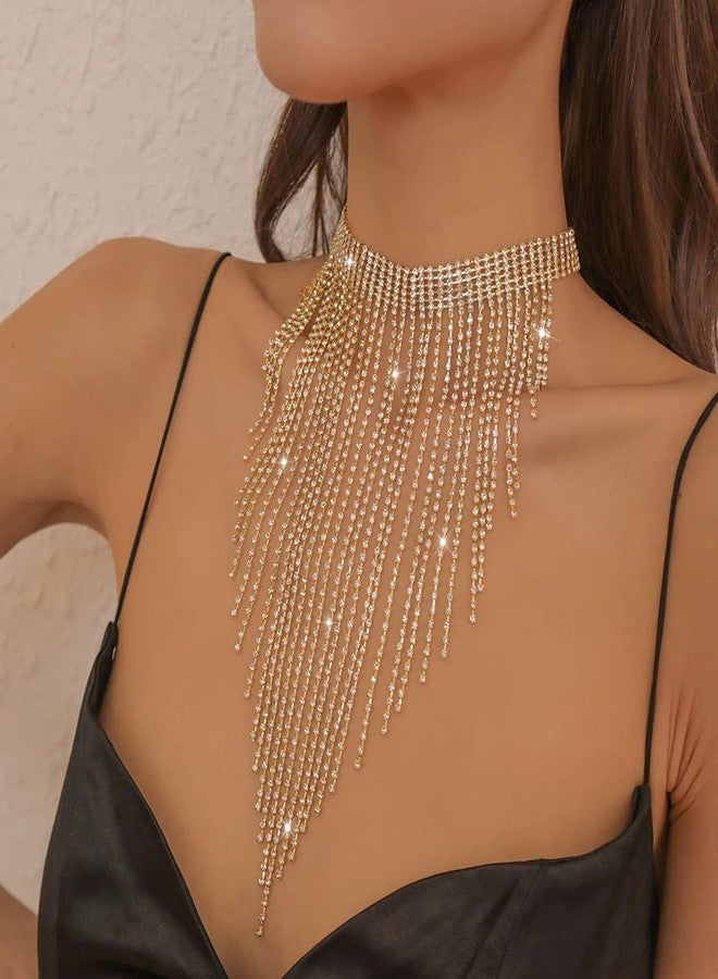 Aomcisi Fashion Women Sexy Rhinestone Bib Choker Necklace Tassel Long Chain Necklace, Metal, Rhinestone - Image 3