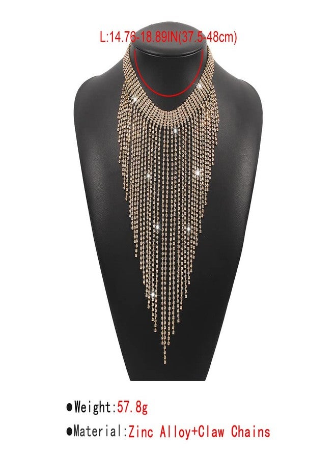 Aomcisi Fashion Women Sexy Rhinestone Bib Choker Necklace Tassel Long Chain Necklace, Metal, Rhinestone - Image 4