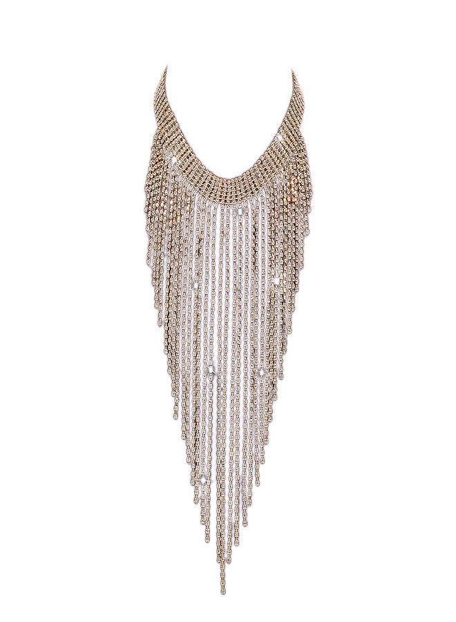 Aomcisi Fashion Women Sexy Rhinestone Bib Choker Necklace Tassel Long Chain Necklace, Metal, Rhinestone - Image 1