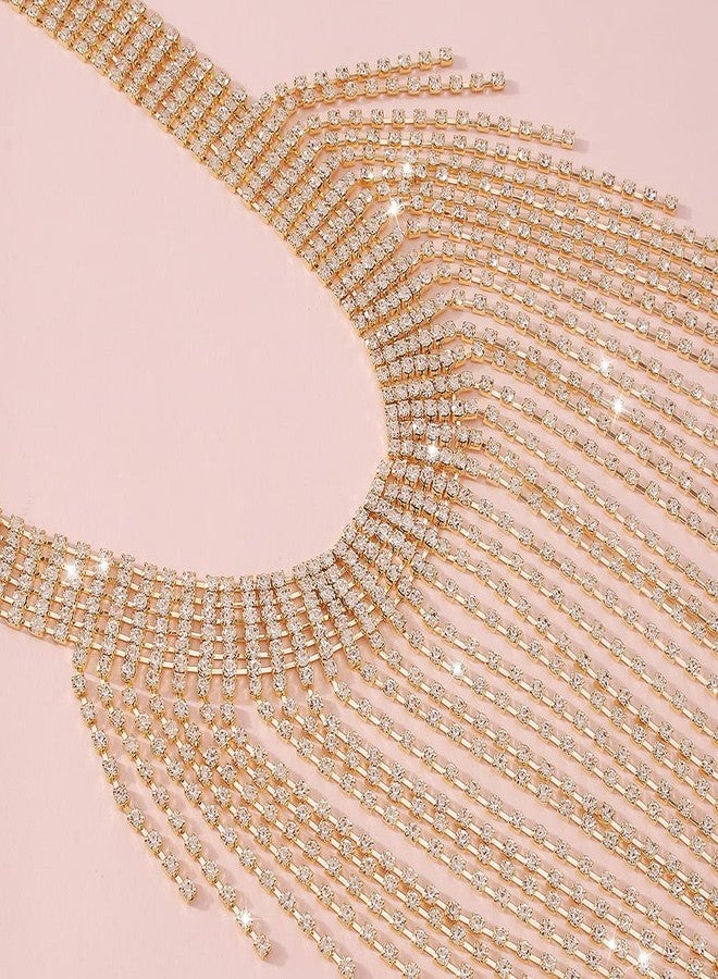 Aomcisi Fashion Women Sexy Rhinestone Bib Choker Necklace Tassel Long Chain Necklace, Metal, Rhinestone - Image 5
