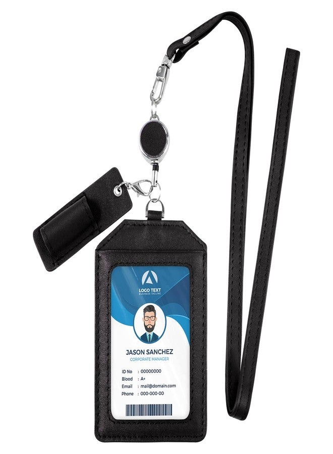 boshiho Office Badge Holder - Boshiho Genuine Leather Credit ID Card Holder with Stretch Neck Lanyard Vertical Style (Black) - Image 1