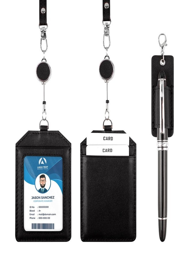 boshiho Office Badge Holder - Boshiho Genuine Leather Credit ID Card Holder with Stretch Neck Lanyard Vertical Style (Black) - Image 3