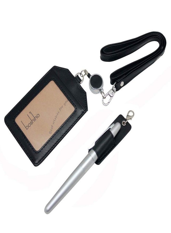 boshiho Office Badge Holder - Boshiho Genuine Leather Credit ID Card Holder with Stretch Neck Lanyard Vertical Style (Black) - Image 2