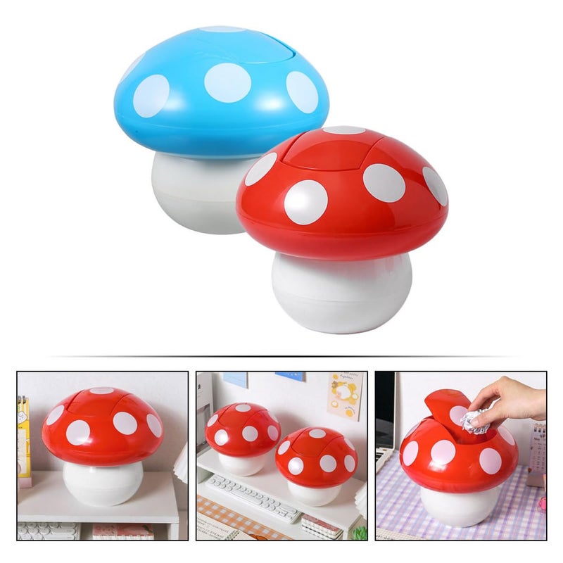 2pcs Cute Mushroom Shape Trash Can with Lid, Small Mini Garbage Bin for Office Desktop and Home Kitchen Bedroom, Decorative Bedside Rubbish Bucket in Red and Blue - Image 3