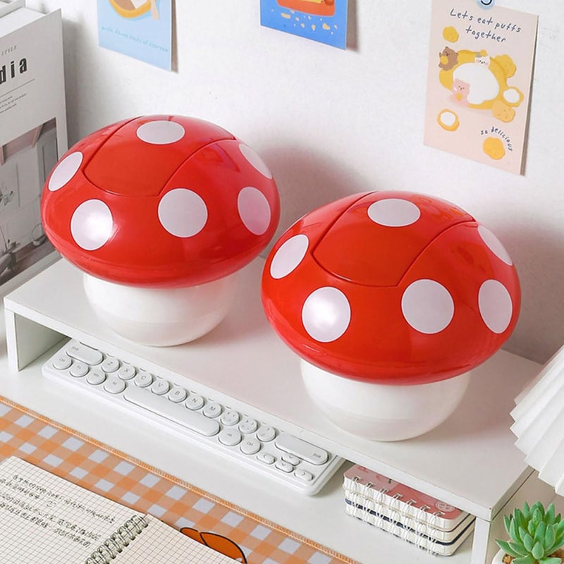 2pcs Cute Mushroom Shape Trash Can with Lid, Small Mini Garbage Bin for Office Desktop and Home Kitchen Bedroom, Decorative Bedside Rubbish Bucket in Red and Blue - Image 5