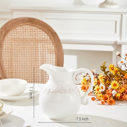 Otartu Ceramic Pitcher White Flower Vase, Farmhouse Ceramic Jug Vase for Home Décor, 7.3 inch Height. - Image 3