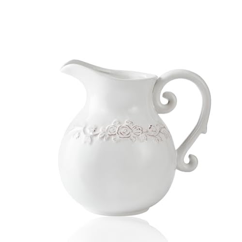 Otartu Ceramic Pitcher White Flower Vase, Farmhouse Ceramic Jug Vase for Home Décor, 7.3 inch Height. - Image 1
