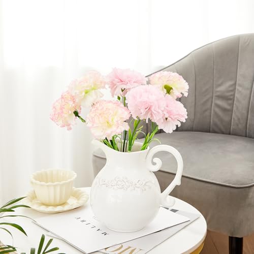 Otartu Ceramic Pitcher White Flower Vase, Farmhouse Ceramic Jug Vase for Home Décor, 7.3 inch Height. - Image 5