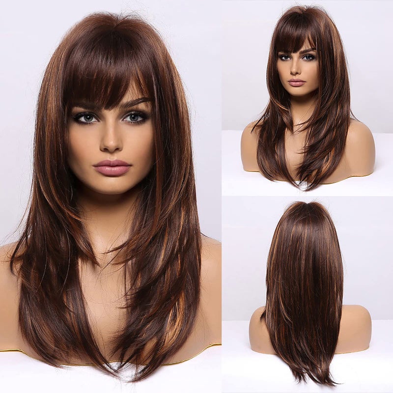 باروكات HAIRCUBE بنية للنساء باروكات مميزة مع غرة طويلة مستقيمة متعددة الطبقات مقاومة للحرارة باروكات صناعية