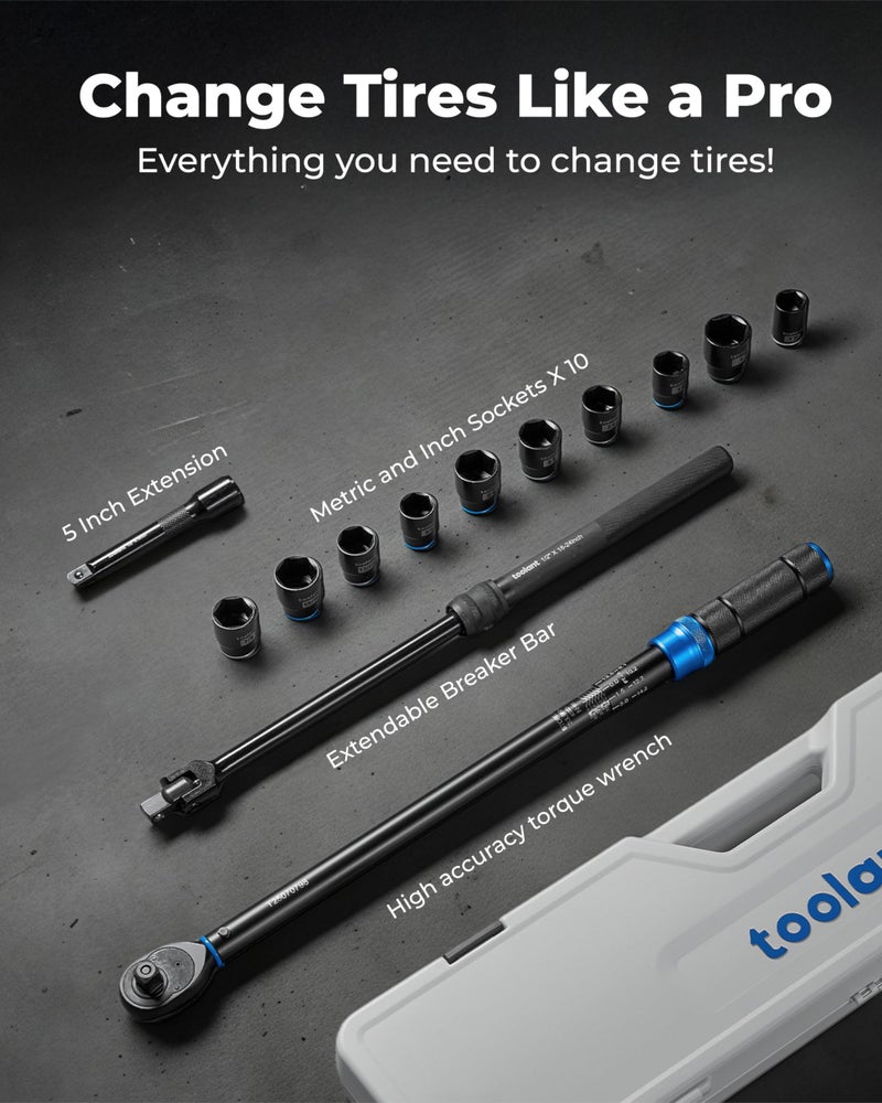 toolant 13PCS 1/2 Inch Click Torque Wrench Set, Gift for Men, 25-250 FT.-LB/33.9-339.0 Nm, With Breaker Bar & 5-Inch-Extension & 10 Sockets, Tire Repair Tool Set - Image 2