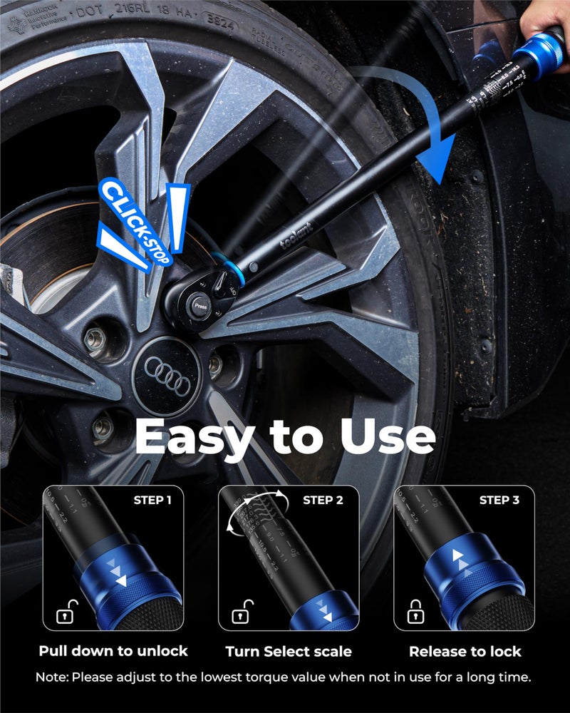 toolant 13PCS 1/2 Inch Click Torque Wrench Set, Gift for Men, 25-250 FT.-LB/33.9-339.0 Nm, With Breaker Bar & 5-Inch-Extension & 10 Sockets, Tire Repair Tool Set - Image 4