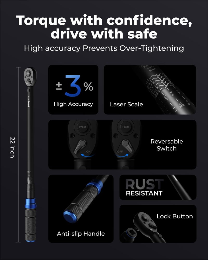 toolant 13PCS 1/2 Inch Click Torque Wrench Set, Gift for Men, 25-250 FT.-LB/33.9-339.0 Nm, With Breaker Bar & 5-Inch-Extension & 10 Sockets, Tire Repair Tool Set - Image 3