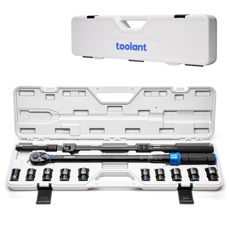 toolant 13PCS 1/2 Inch Click Torque Wrench Set, Gift for Men, 25-250 FT.-LB/33.9-339.0 Nm, With Breaker Bar & 5-Inch-Extension & 10 Sockets, Tire Repair Tool Set - Image 1