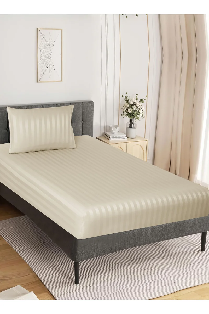 Donetella 2-Piece Striped Bedding Set – Single Fitted Sheet 120x200+30 cm with All-Around Elastic &amp; 1 Matching Pillowcases
