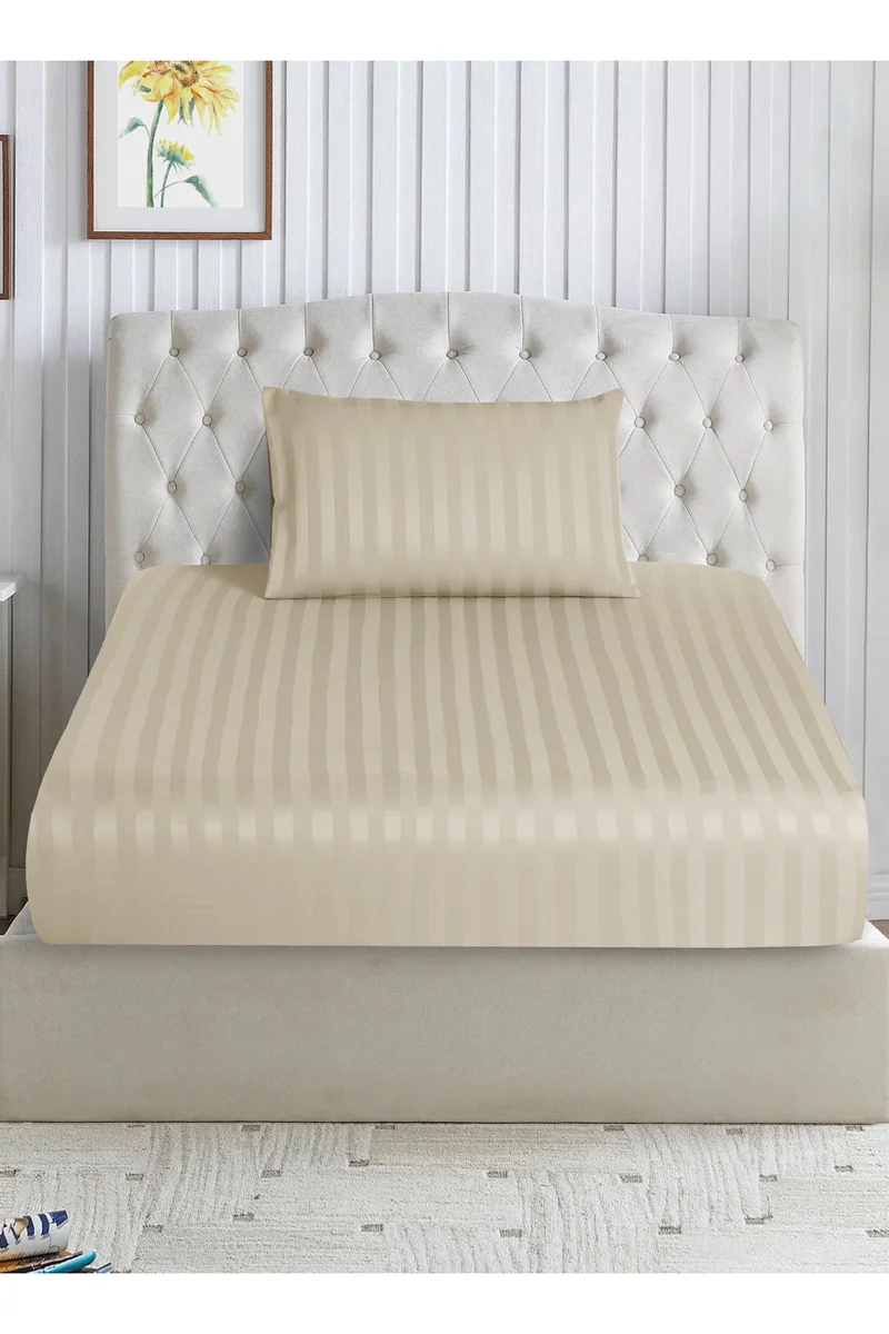 Donetella 2-Piece Striped Bedding Set – Single Fitted Sheet 120x200+30 cm with All-Around Elastic &amp; 1 Matching Pillowcases