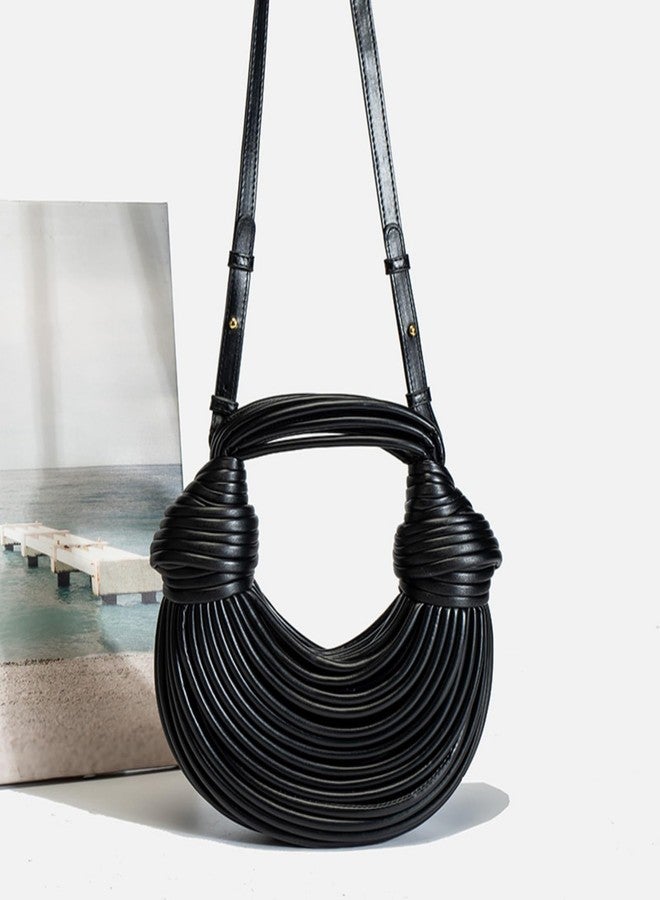 Gimue Hand-Woven Crossbody Bag for Women, Small Leather Clutch Purse, Knotted Bread Handbag, Top Handle Noodles Satchel Bag (Black) - Image 5