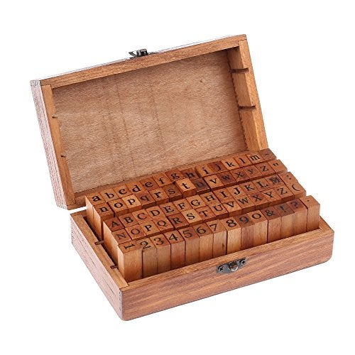 70 Pcs Wooden Rubber Stamps Number and Alphabet Letter Wood Rubber Stamps Set Wooden Rubber Number Letter Stamper Seal Set with Wooden Box Vintage DIY