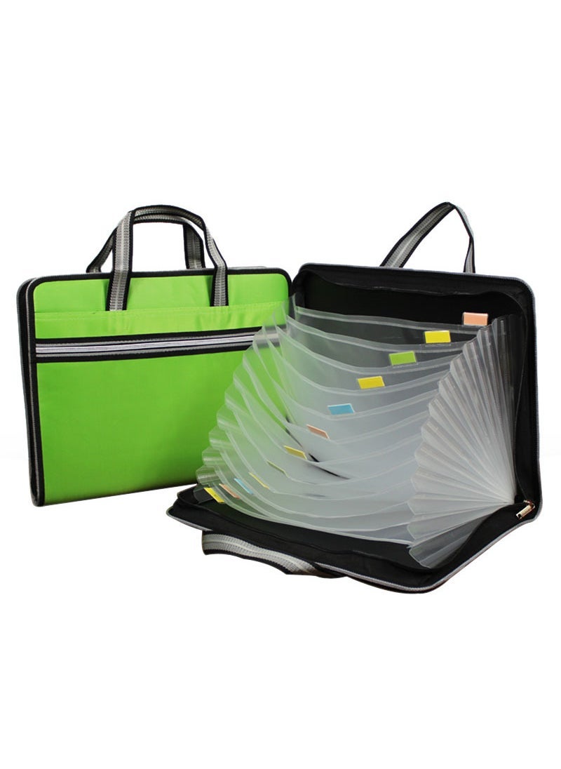 Generic Waterproof A4 Accordion Bag 12-Layer Canvas Document Organizer Light green