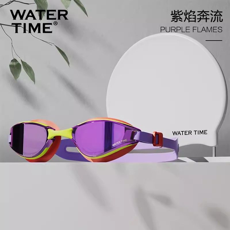 WATERTIME نظارات سباحة ووترتايم تنافسية مضادة للضباب ومقاومة للماء عالية الوضوح للجنسين سباق بطلاء كهربائي مقاوم للخدش مع قبعة سباحة - Image 1