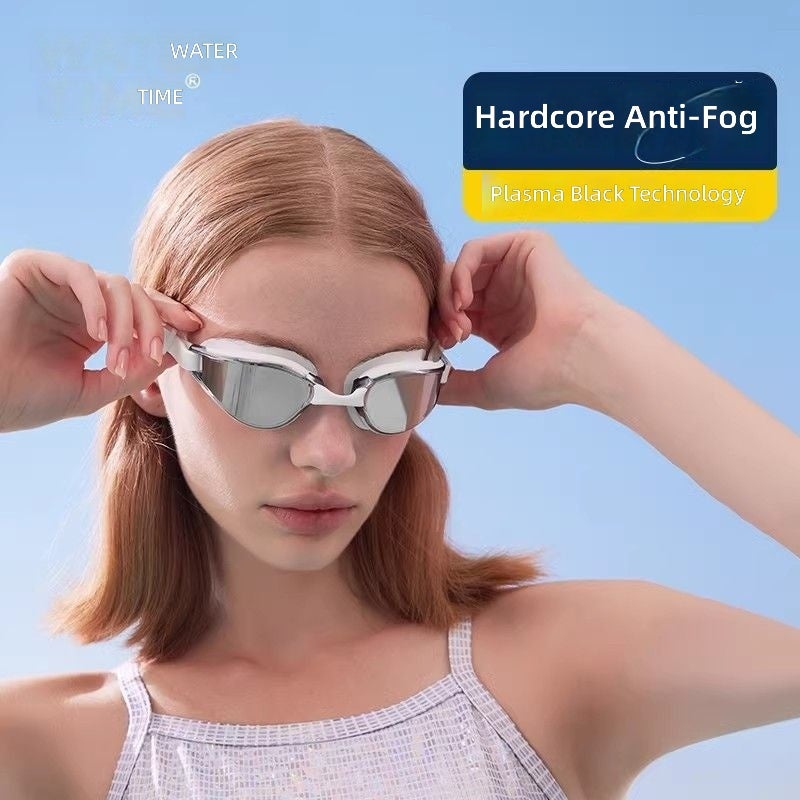 WATERTIME نظارات سباحة ووترتايم تنافسية مضادة للضباب ومقاومة للماء عالية الوضوح للجنسين سباق بطلاء كهربائي مقاوم للخدش مع قبعة سباحة - Image 4