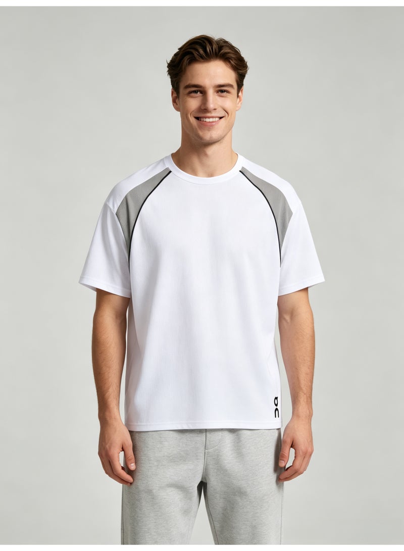 On Running Men Color Block Raglan Short Sleeve T-Shirt, White Gray Contrast Stripe Crew Neck Quick Dry Sports Tee with Side Logo Print - Image 1