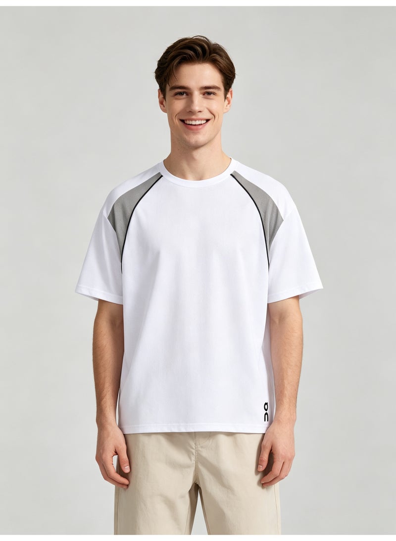 On Running Men Color Block Raglan Short Sleeve T-Shirt, White Gray Contrast Stripe Crew Neck Quick Dry Sports Tee with Side Logo Print - Image 4